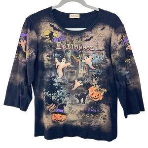 Vintage Y2K HalloweeStudio Gem Womens Ghosts Haunted House Bling Y2K Shirt Large